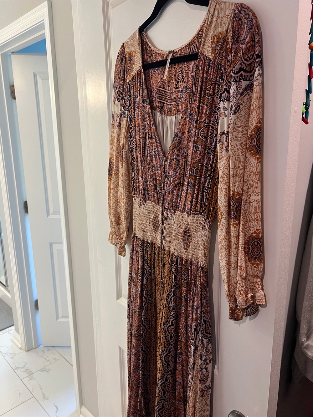 FREE PROPLE Boho Paisley Long Sleeve Maxi Dress in Brown and Cream - Picture 8 of 8